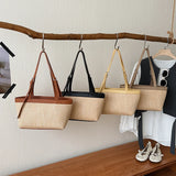  MQTIME  -  Women's Khaki Straw Weave Leather Patchwork Tote Bag Vacation Casual Aesthetic Beach Daily Shoulder Handbag Summer Trend
