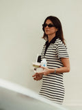 MQTIME  -  Loose Women Knitted Stripe Contrast Dress Polo Neck Casual Commuter Female Short Pullover Knit Dress Elegant Office Vestidos
