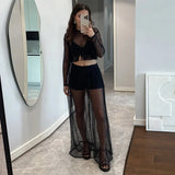 MQTIME  -  See Through Women's Pant Suit Two Piece Set Sexy Tassel  Patchwork Full Sleeve Tank Top Wide Leg Pants Female Sets Beach Outfit