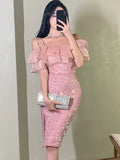 MQTIME  -  Summer Pink Sequins Patchwork Mesh Ruffled Sexy Sling Dress Women Fashion International Brand Dress 2024 Elegant Bodycon Dresses