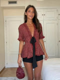  MQTIME  -  Chic Fringed Fitted Shirts Women V Neck Short Sleeves Lace Up Ruffles Blouse Female Summer New Vintage Fashion Tops Lady