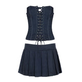 MQTIME  -  Casual Solid New Dress Sets Women Summer Bandage Lmitation Denim Tube Tops Mid-Waisted A-Line Mini Skirts Two Piece Suits