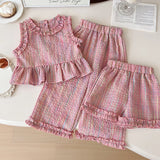 MQTIME  -  Children's Clothing Sets Plaid Print Sleeveless Top + Wide Leg Pants + Shorts 3 Pcs Sets Girls Clothes 2 To 8 Years Outfit Sets