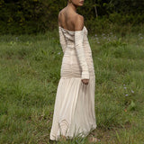 MQTIME  -  Female Backless Hollow Mesh Maxi Dress Spring Summer Holiday Boho Long Dress Women Sexy Off Shoulder Solid Pleated Evening Dress