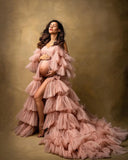 MQTIME  -  Layered Tulle Photo Shoot Maternity Gowns Dusty Pink Ruffles Long Maternity Dresses for Baby Shower Off Shoulder Women Bathrobe