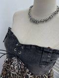 MQTIME  -  Y2k Lace-up Bandage Leopard Patchwork Sheer A-LINE Sleeveless Strapless Vest