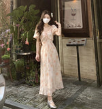 MQTIME  -  2024 Summer New Fragmented Flowers Show Slim Temperament First Love French Square Neck Chiffon Dress Lantern Sleeves Rose Print