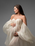 MQTIME  -  Fairy Sheer Tulle Maternity Photoshoot Dresses Puff Sleeves Long Train Pregnancy Dress Off Shoulder Sweetheart Maternity Robe