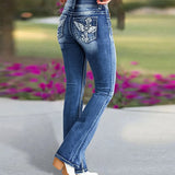  MQTIME  -  Y2k Retro Gothic High Waited Jeans Hot Embroidery Pattern Blue Jeans Woman Hip Micro Horn Baggy Jeans Street Clothing