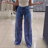 MQTIME  -  Plus Size Women's Stretch Denim Jeans With Cut-Out Lace Splicing Summer New High Waist Wide Pants Elegant Female Chic Trousers