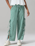 MQTIME  -  Women Plaid Wide Leg Pants Side Tie-Up Hollow-Out Loose Straight Trousers Bottoms Spring Summer Fashion Casual Sweatpants