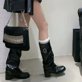 MQTIME  -  Women's Mid Calf Boots Fashion Stack Slouch Boots Punk Style Soft Leather Casual Shoes for Woman Designer Shoes Botas Mujer