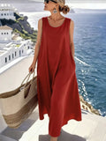 MQTIME  -  Casual and comfortable daily sleeveless summer new dress fashionable and loose solid color round neck mid length dress