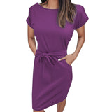 MQTIME  -  Summer Women Versatile Dress With Belt Casual Short Sleeve Round Neck Fashionable Dress Outfits Holiday Midi Sundress Vestidos