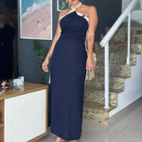 MQTIME  -  Color Blocking Lady Halter Slim A-line Dress Casual Streetwear Side Split Long Dress New Summer Hollow Out Backless Party Dress