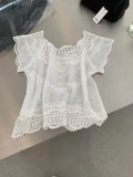  MQTIME  -  Summer Vacation Vintage Embroidery Crochet Solid V Neck Short Sleeve Women Blouse