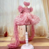 MQTIME  -  Baby dress first birthday party trailing bow with small flying sleeves elegant high-end mesh girl princess dress