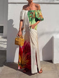 MQTIME  -  Summer Casual Vacation Pleat Maxi Dress Elegant Puff Sleeve High Waist Party Dress Fashion Slash Collar Off Shoulder Print Dress