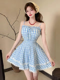 MQTIME  -  Plaid Dresses Women Bandage Sleeveless Slim Lace Patchwork Summer Fashion Sweet Elegant Party Mini Dress Female Casual