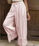 MQTIME  -  Chic Lace Patchwork Elastic Waist Trousers Women Elegant High-waisted Lace-up Loose Wide Leg Pants Lady Street Chic Bottom