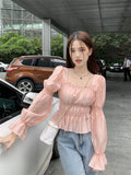 MQTIME  -  Korean Style Square Necked Bubble Sleeved Shirt for Women, New Design, Slim Waist, Short Top, Autumn