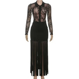 ﻿ MQTIME  -  Sexy See Through Mesh Lace Long Sleeve Shirts Top + Tassel High Waist Bodycon Maxi Skirts Women Fashion 2 Piece Set Party Suits