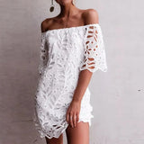 MQTIME  -  New Lace Dress Slash Neck Embroidery Mini Dress Hollow Out A-line Party Dresses Femme Elegant Short Vestidos