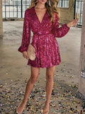  MQTIME  -  Elegant Women Luxury Formal Sequin V-Neck Mini Dress Fashion Long Sleeve Evening Ladies Street Party Vestidos Spring Summer