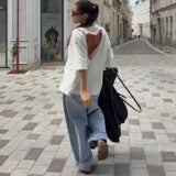 MQTIME  -  Versatile Basic White T-shirt Loose Designers Chic Crew Heart Cutout Casual Women's Tee Layered Stylish Trendy Streetwear