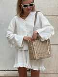 MQTIME  -  Casual  Ruffles Shirt Shorts Sets Women 2 Pieces 2025 Summer Single Breasted V-neck Loose Shirts Wide Leg Shorts Suits Solid