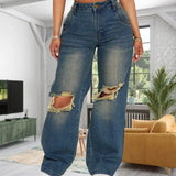 MQTIME  -  Women Jeans Autumn Retro Hollow Out Washed Jeans Women's Knee Ripped Wide Leg Denim Pants