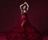 MQTIME  -  Red Tulle Maternity Dress for Photoshoot Off Shoulder Pregnancy Gown Christmas Fluffy Ruffled Robe Vestido Para Grávida