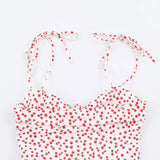 MQTIME  -  French Style Retro White With Red Fruit Print Bow Lacing Up Sling Dress Slim Waist Ruched  A line Midi Long Dresses Robe