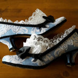 MQTIME  -  Mint Blue Lace Round-Toe Pumps Black Satin Bows White Lace Trim Low Block Heel Sweet Style Footwear for Cosplay Tea Party Looks