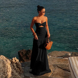MQTIME  -  Summer European Style Tube Top High Waist A-Line Dress New Sexy Beach Vacation Solid Sleeveless Dresses Hollow Out Maxi Dress