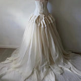 MQTIME  -  Vintage Women's White Strapless Lace Wedding Dresses A Line Sleeveless Chapel Train Bridal Gown Formal Party Female Outfit