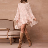 MQTIME  -  Elegant Lace-up Pure Color Ruffle Short Dress Spring Summer Women Loose Swing Dress French Style Half High Collar Jacquard Dress