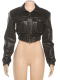  MQTIME  -  Trend Faux Leather Crop Jacket Woman Autumn Chic Zip Lapel Full Sleeve Pocket Decoration Daily High Street Style Coats