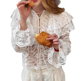 MQTIME  -  Autumn French Ruffle Lace Blouse Women Fashion Loose Bell Sleeve Shirt Beige