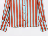 MQTIME  -  Autumn New Female Chic Blouse Women's Loose Fit Striped Print Shirt O-neck Puff Sleeve Single Breasted Simple Casual Top
