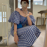 MQTIME   - Summer Blue Sexy Off Shoulder Dress Ladies Korean Fashion Lattice Female Dresses Puff Sleeve Elegant Midi Fishtail Dress Vestido