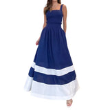 MQTIME  -  Female Navy Beach Dress Fashion Casual Slash Neck Spaghetti Straps Summer Sleeveless High Waist Street Long Sundress