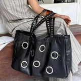 MQTIME  -  Harajuku-style Y2k Cool Large-capacity Punk Dark PU Tote Bags Metallic Ring Holes Storage Bag Handbag Women's Bags Shoulder Bag
