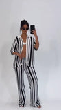 MQTIME  -  Knitted Striped Cardigans Pants Sets Women 2 Pieces Short Sleeve Single Breasted Loose Coat Wide Leg Trousers Suits Hollow Out