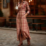MQTIME  -  Plaid Print Shirt Women Dress Long Sleeve Button Side Pocket Casual Holiday Dress Daily Commute Streetwear Loose Maxi Dress