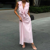  MQTIME  -  Summer New Style Pink Ruffled Lace Up Slim Fit Sleeveless Long Dress