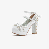 MQTIME  -  Summer Ladies 2.5 Platform Cute Bow Lace Princess Lolita Shoes Party 10cm High Heel Buckle Big size 43