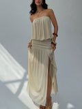 MQTIME  -  Wrinkle design slit summer fashion casual new dress beach vacation style backless strapless temperament dress