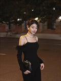 MQTIME  -  Black Camisole Dress with Plush Edge for Women, One Shoulder Knit Slit Long Skirt, Autumn and Winter Design