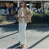  MQTIME  -  Autumn Retro Patchwork Lapel Jacket Woman Single Breasted Long Sleeved Pocket Short Coats Casual Office Lady Outwear New